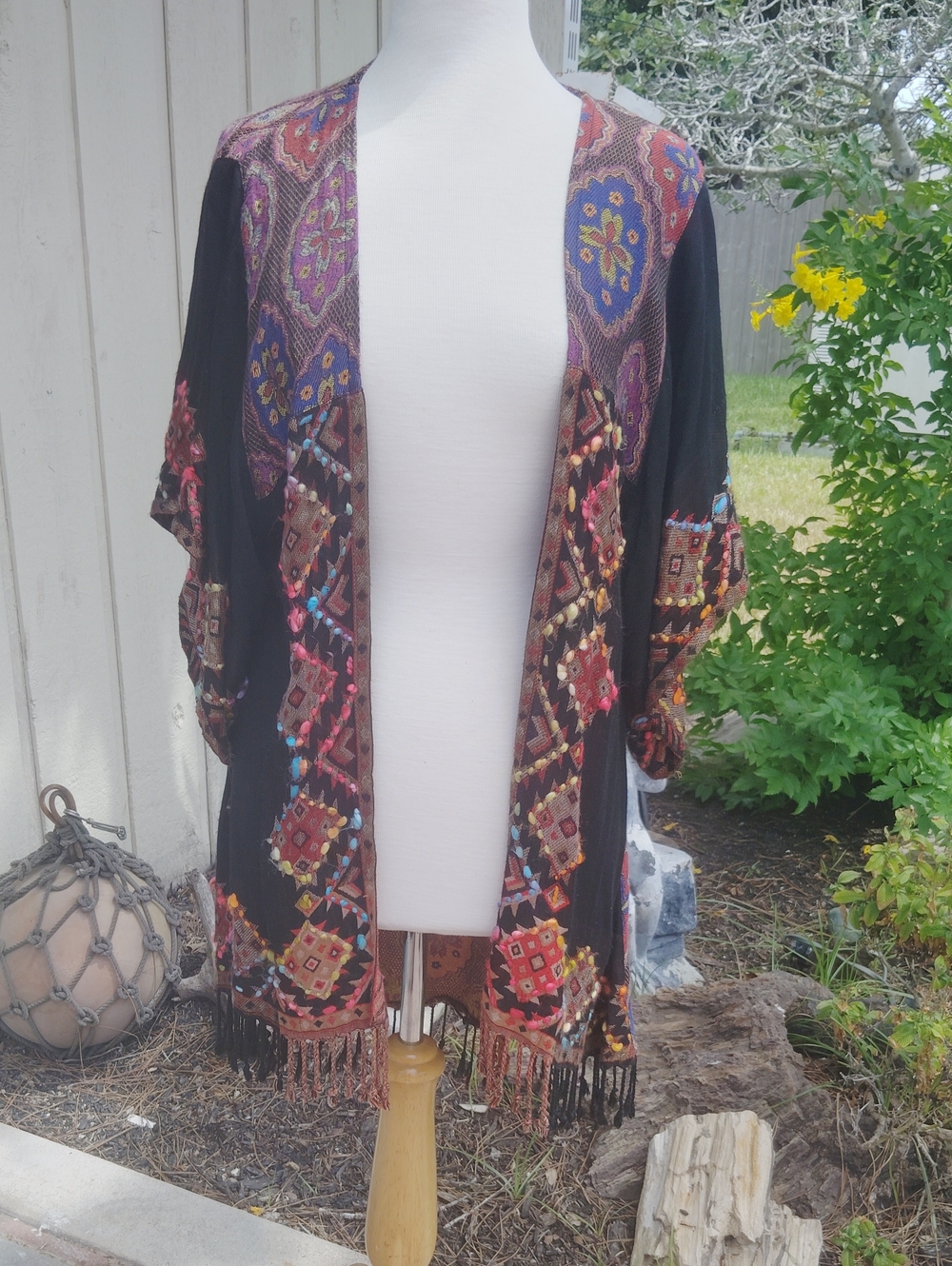 Avanti Black Open-Front Kimono Cardigan with Multicolor Embroidery